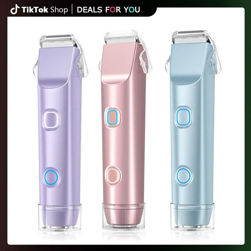 Women's Rechargeable 2-in-1 Bikini Trimmer & Electric Shaver - IPX7 Waterproof Dual Heads, Rounded Steel Glide for Painless Grooming, Gifts for Women