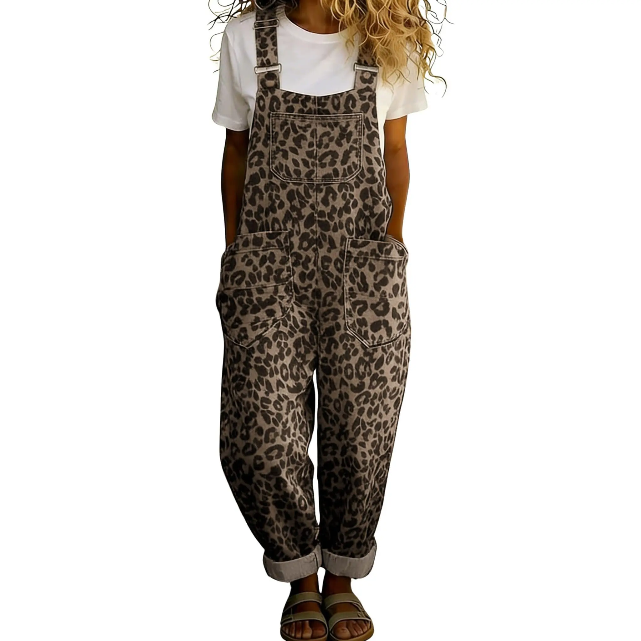 Chouyatou Women’s Leopard Print Denim Bib Overalls Y2K Loose Wide Leg Cheetah Jean One-Piece Romper Jumpsuit