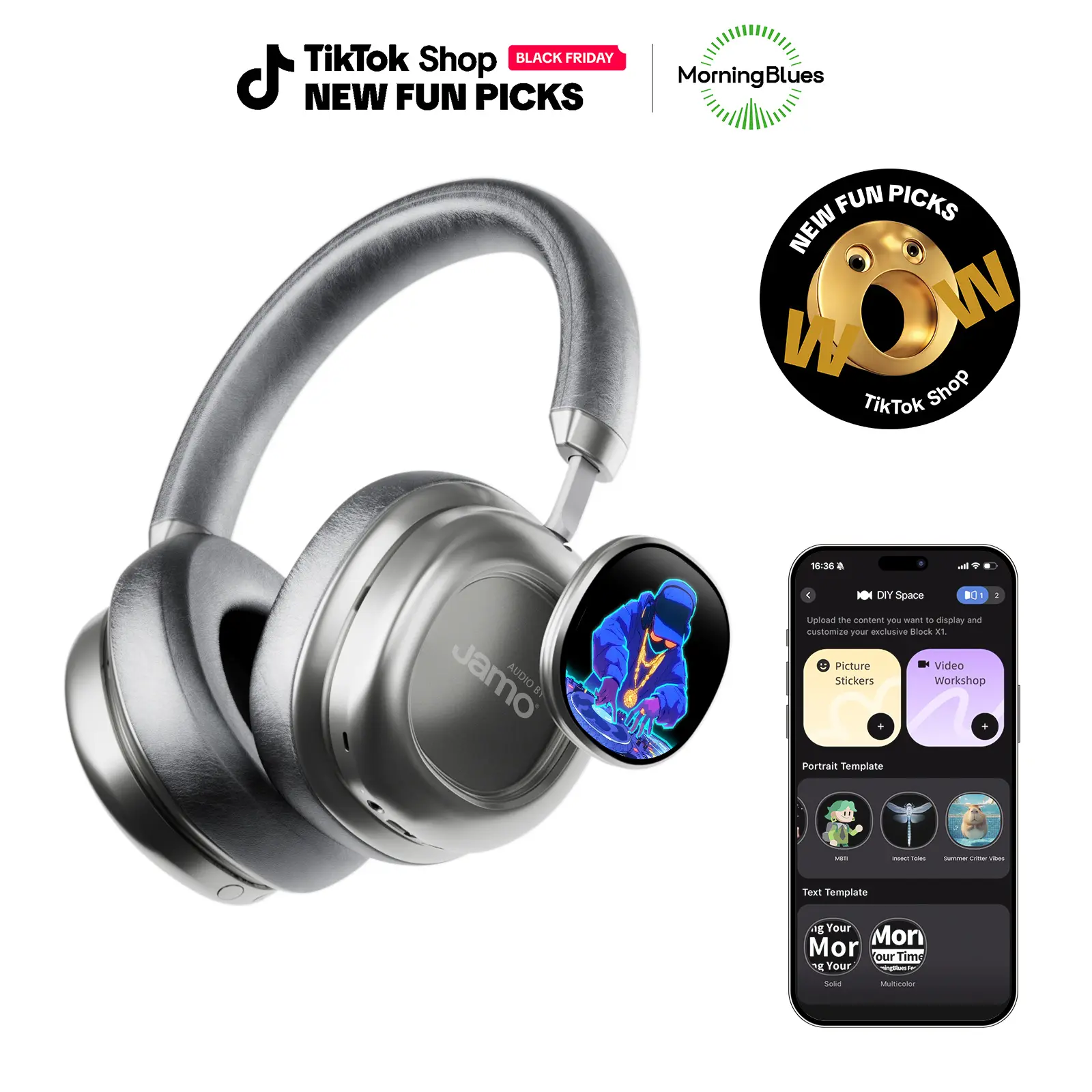 MorningBlues VWS X1 Over-Ear Headphones Bluetooth - Active Noise Reduction (ANC), 40mm Jamo Drivers, Dual OLED Touchscreen, APP Control, 60H Playtime, Custom Card Support, Battery Pack, Silver Father's Day Gift, Active Noise Reduction Wireless Headphones