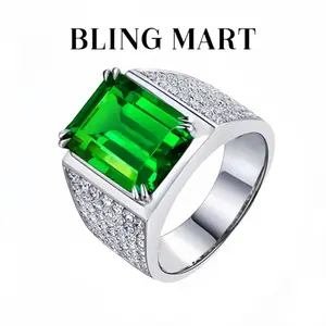 Green Zircon Men's Wide Promise Ring, Fashion Silver Color Luxury Jewelry Perfect for Anniversary Birthday Wedding Party Trendy Men's Accessories