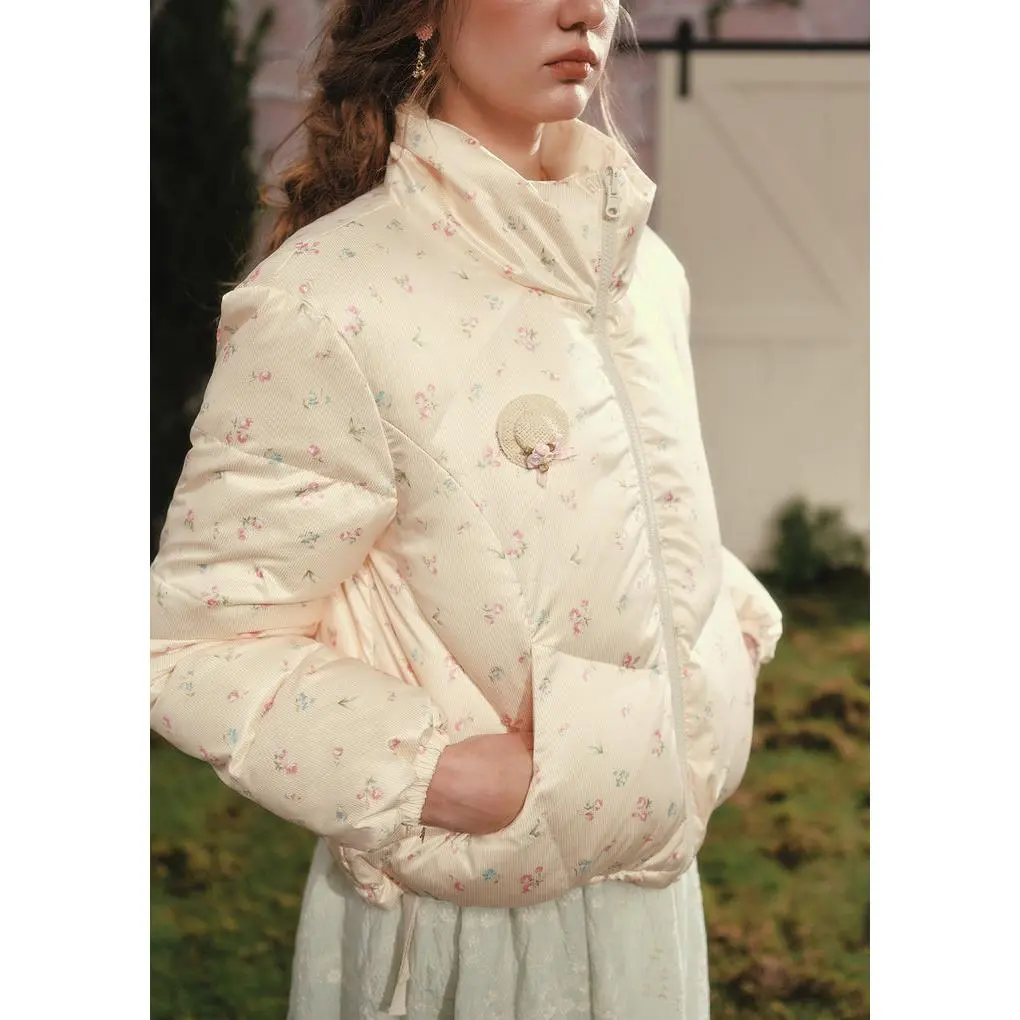 Women's Floral Fabric Winter Down Jacket (White)
