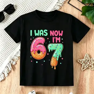 Kids' 100% Cotton Short Sleeve Crew Neck Birthday Theme T-Shirt, Comfy Knit Fabric Casual Top with I Was 6 Now I'm 7 Design, All Seasons Outfit for 7-Year-Olds