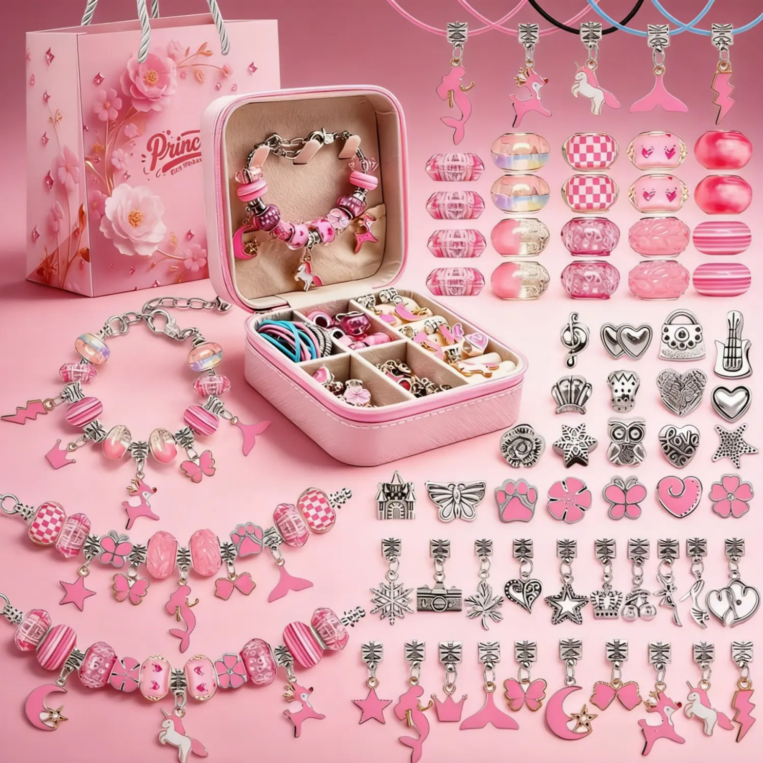 2026 New Pink Handmade 68Pcs Charm Bracelet Making Kit Trendy Iridescent Chain Sparkle Pink DIY Jewelry Butterfly Accessories Unicorns Design Pink Jewelry Box Unique Fashion Accessory for Women Valentine’s Day or Birthday Gifts Mothers Day Gift Ideas