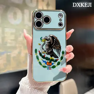 Electroplated Aesthetic Smartphone Case, Cellphone Cover for iPhone 11/12/13/14 Plus/15 Pro Max/16/17/Air, Mexican Golden Eagle Badge Flag Design, Soft TPU Silicone, Dirt-proof Easy-to-Clean Handheld Mobile Accessories Gift
