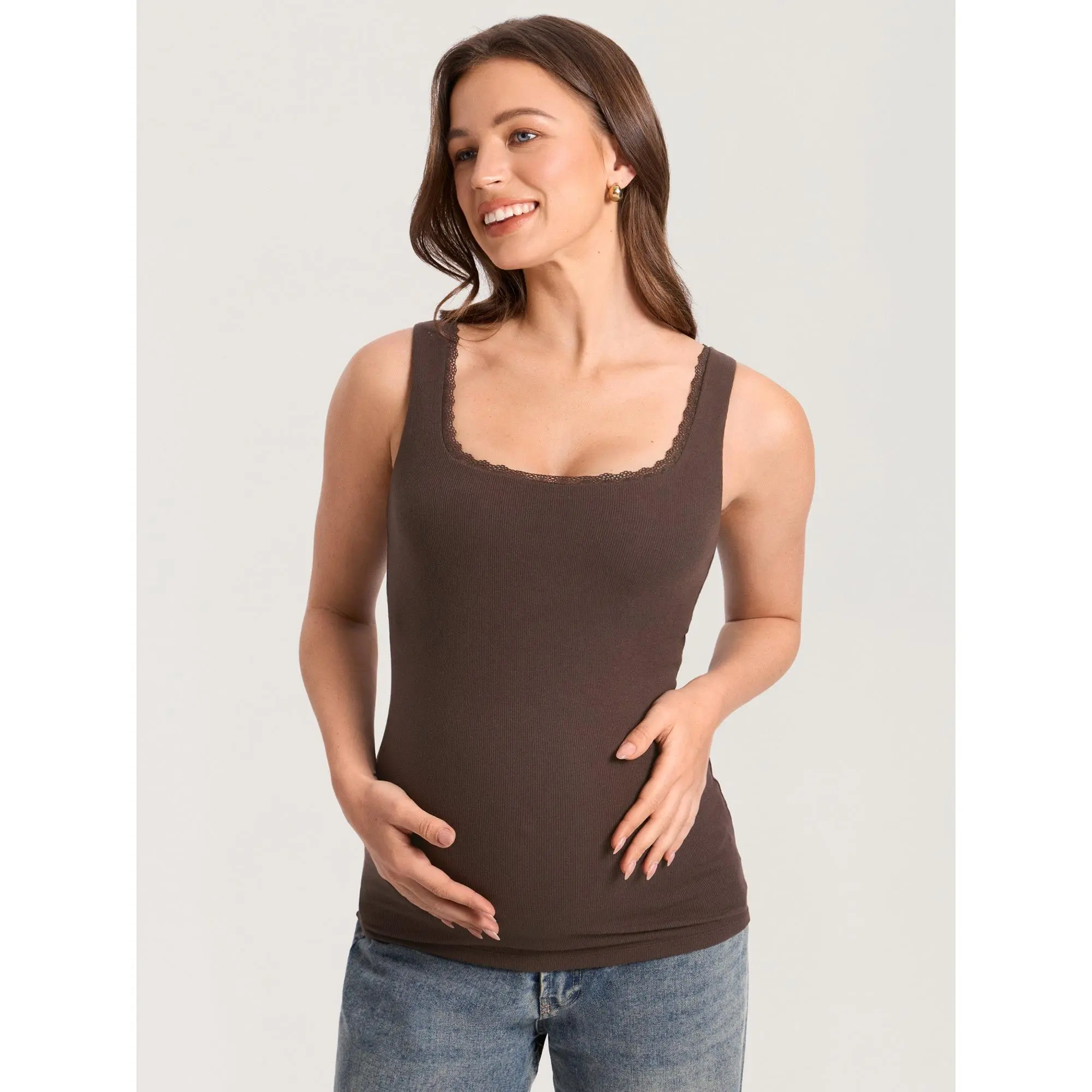 MOMANDA Cotton Ribbed Maternity Square Neck Tank Tops with Lacetrim Summer Sleeveless Pregnancy Workout Shirts