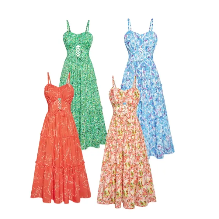 Grace Karin Women's Boho Floral Smocked Tiered Sundress, Spaghetti Strap A-Line Summer Midi Dress with Pockets for Vacation, Bohemian, Casual Wear, Sundresses For Women, Women's Clothes