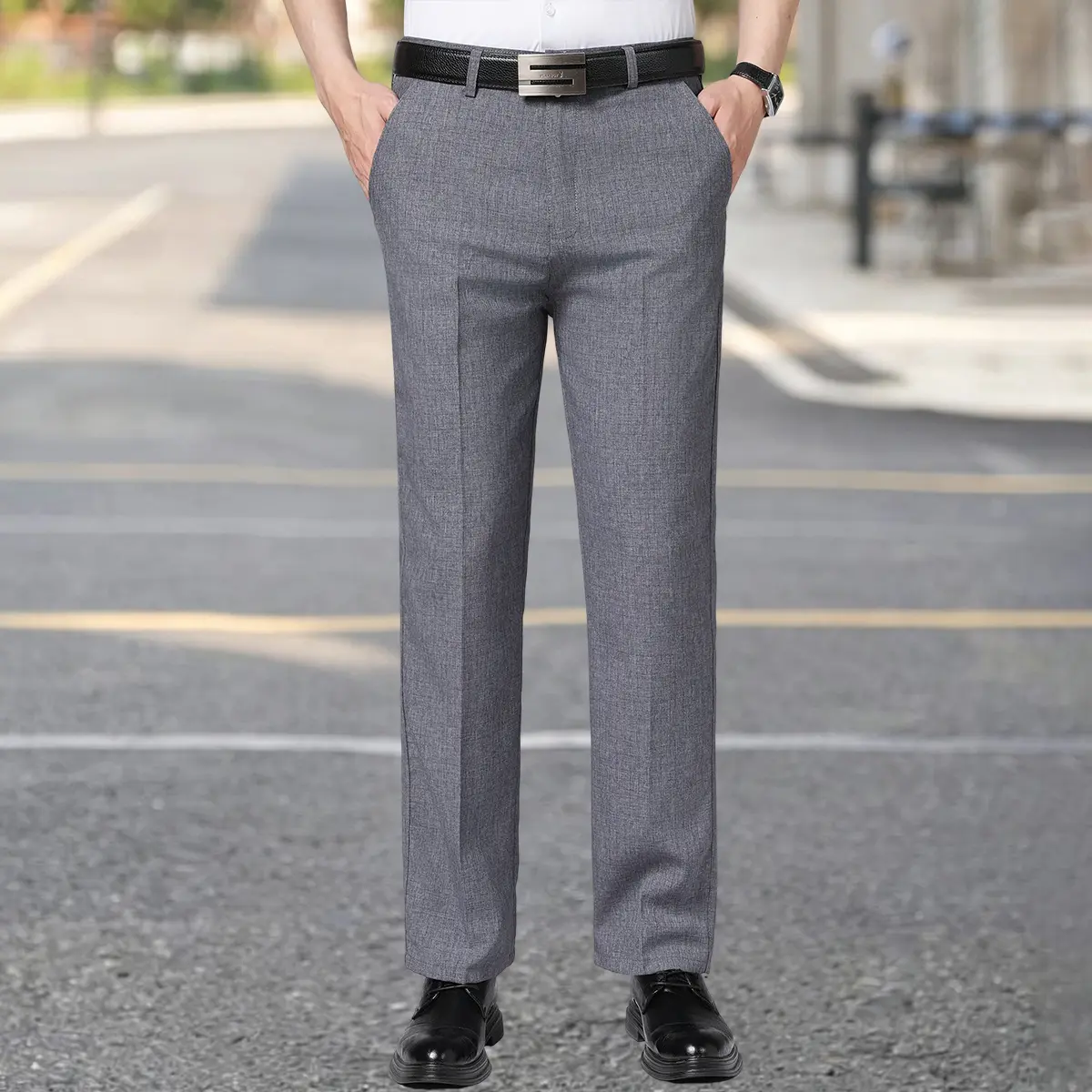 Men's Classic Polyester Dress Pants - Straight-Leg Menswear Trousers with Belt Loops, Button Closure, Zipper Closure - Stylish Minimalist Clothes for Office, Semi-Formal Occasions - Spring, Autumn Wear, Plain, Ankle Length Men's Pants