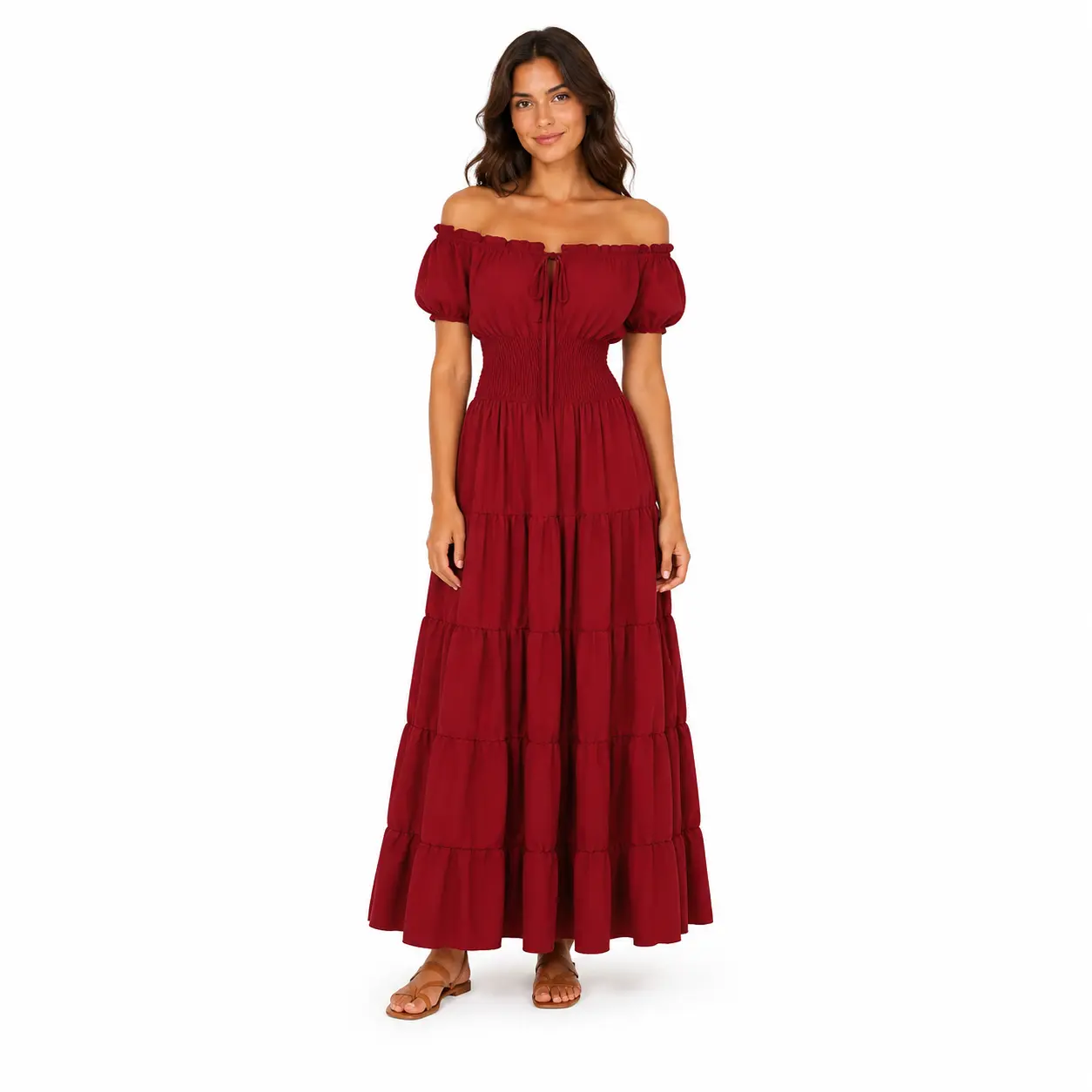 Women's Gothic Feminine Scarlet Darkness Off-Shoulder Milkmaid Maxi Dress - Renaissance Faire, Fairy Festival Outfit, Medieval Halloween Costume with Accessories (6531-D3), Basic, Minimalist
