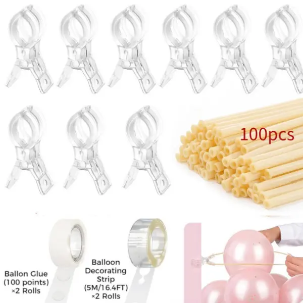 Spring Clamps with Long Balloons Set, 3.5 Inch, Clear, 110 Pcs | 10 Plastic Clips, 100 Long 260 Balloons, Invisible Design, Strong Grip, for Balloon Arch Backdrop Craft Decoration Projects