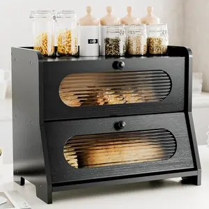 Bread Box for Kitchen Countertop,Double Layer Large Capacity  Bread Storage Container with  Wavy Door Panel for Kitchen Counter,Cabinet,Pantry(Black)