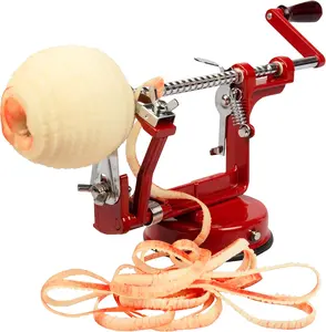 3-in-1 apple peeler, slicer, and corer with a strong suction cup base; red stainless steel manual fruit processing tool.