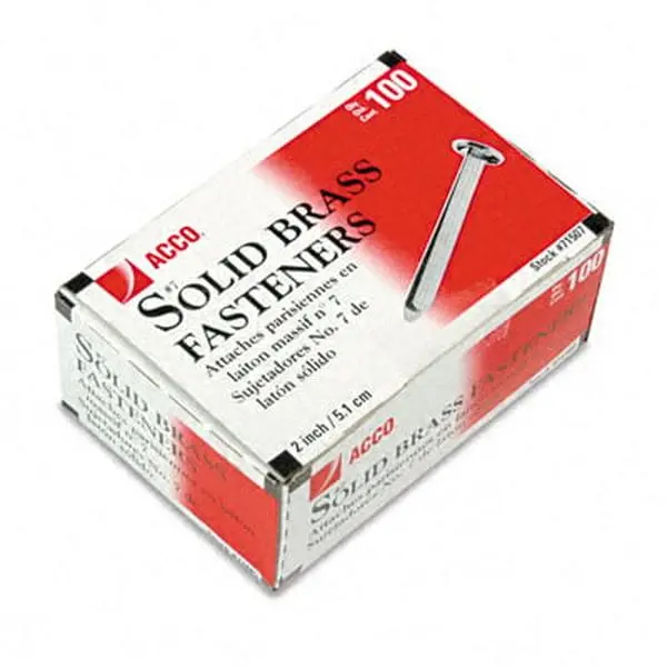 Acco Brass Prong Paper File Fasteners, 2 in Long, 100 per Box, Quality Fasteners with Pointed Ends for Easily Penetrating Several Sheets of Paper