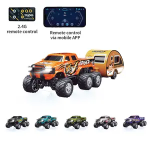 2025 NEW 1/64 Mini RC Monster Truck, Six wheel Metal Off-Road Stomper with Trailer, 2.4GHz Remote Control All-Terrain Vehicle, 3-Speed Adjustable, USB-C Rechargeable, Desktop Play, Indoor Outdoor Racing Toy, Fun Birthday Christmas Gift for Kids Boys