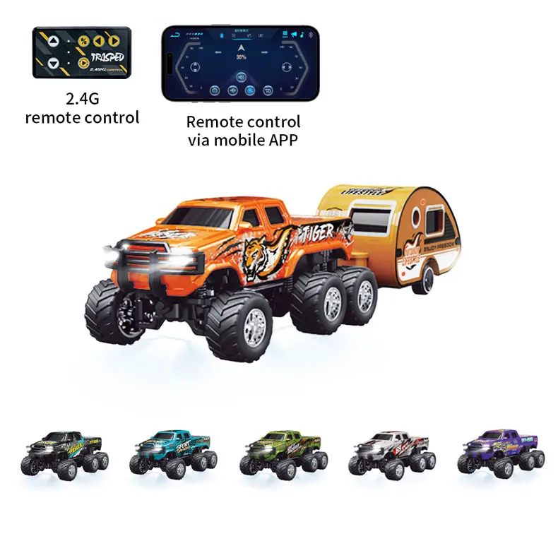 2025 NEW 1/64 Mini RC Monster Truck, Six wheel Metal Off-Road Stomper with Trailer, 2.4GHz Remote Control All-Terrain Vehicle, 3-Speed Adjustable, USB-C Rechargeable, Desktop Play, Indoor Outdoor Racing Toy, Fun Birthday Christmas Gift for Kids Boys outdo