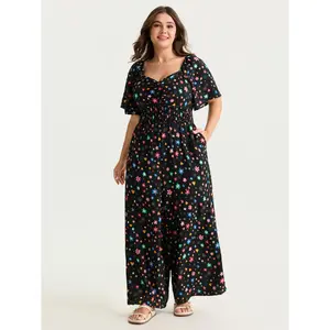 BLOOMCHIC Plus Size Colorful Floral Heart Print Cinched-Waist Jumpsuit [M-6X]2026 Summer Vibes Swimweek