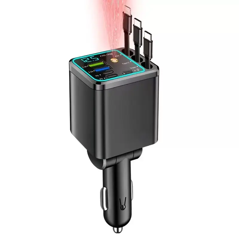 Car charger with starlight, 7-in-1 retractable 66W car charger, equipped with 2 Type-C and 2 USB ports, compatible with iPhone 16, 17, and Android devices