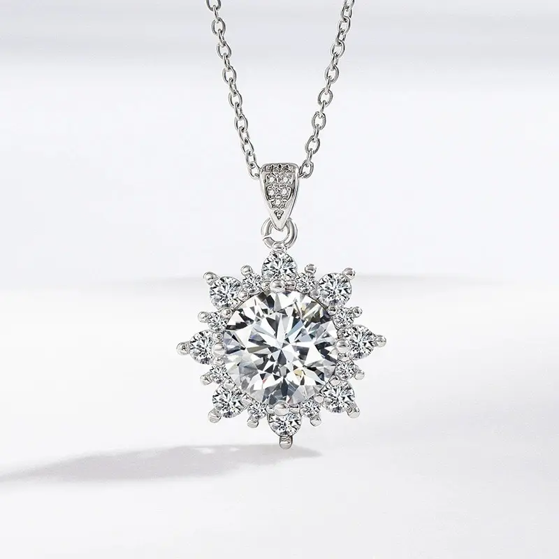 5CT Round Cut Snowflake Moissanite Pendant Necklace 7 Inch Chain Copper Plated White Gold