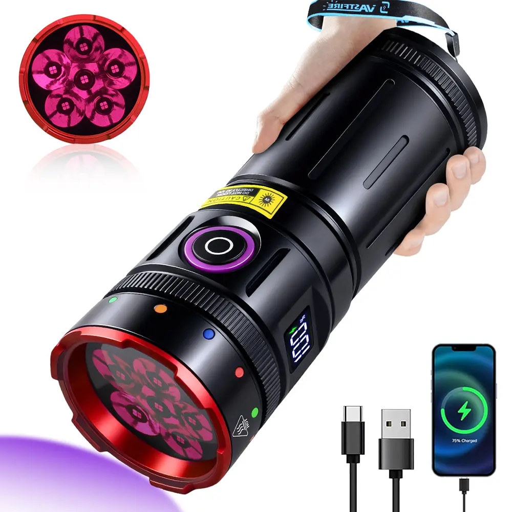 VASTFIRE 365nm UV Rechargeable Flashlight - Aluminum Body, Type-C Charging, IPX6 Waterproof, LCD Digital Power Display, Leak Detection, Scorpion Finding, Currency Authentication