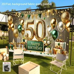 1pc 2D Flat Golden Birthday Backdrop, Elegant Golden-Green Party Banner with Large '50' Centerpiece, Durable Polyester Fabric Decoration for 50th Birthday & Anniversary Events (Non-Electric),summerwins