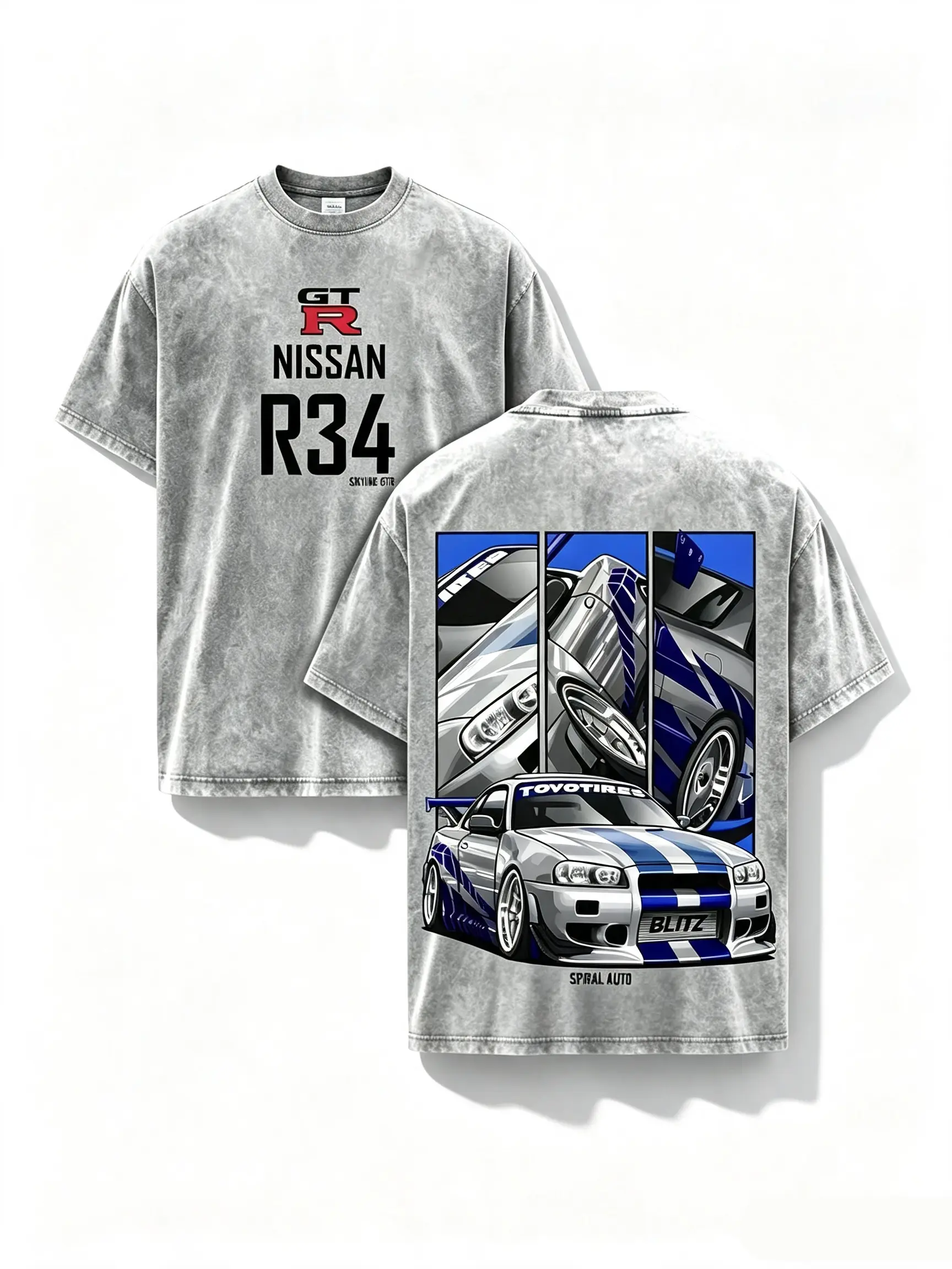 34 Graphic Short-Sleeve T-Shirt, Distressed Mineral Washed 100% Cotton Loose Fit Streetwear Tee