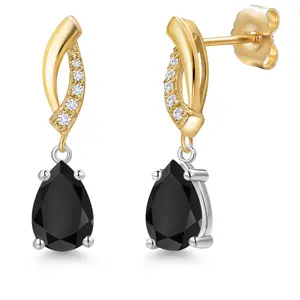 Gem Stone King 14K Two Tone Gold Black Onyx and Lab Grown Diamond Dangle Earrings for Women | 1.75 Cttw | Gemstone December Birthstone | Pear Shape 8X5MM