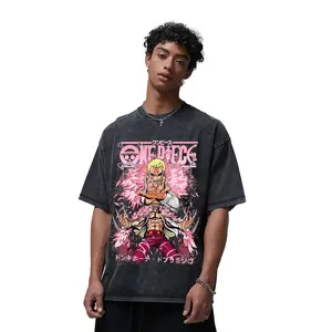Men's Oversized Doflamingo Graphic T-Shirt - Thick Soft Ribbed Sleeves, Heavy Cotton Washed Unisex Round Neck, Front-Printed Anime Doffy Manga Top, Casual Vintage Streetwear, Summer Menswear Casual T-Shirts