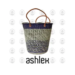 Medium Hand Woven Laundry Basket - Elephant Grass Storage Bin - Handmade Blanket Basket - Leather Handles Basket - Organic Laundry Bin