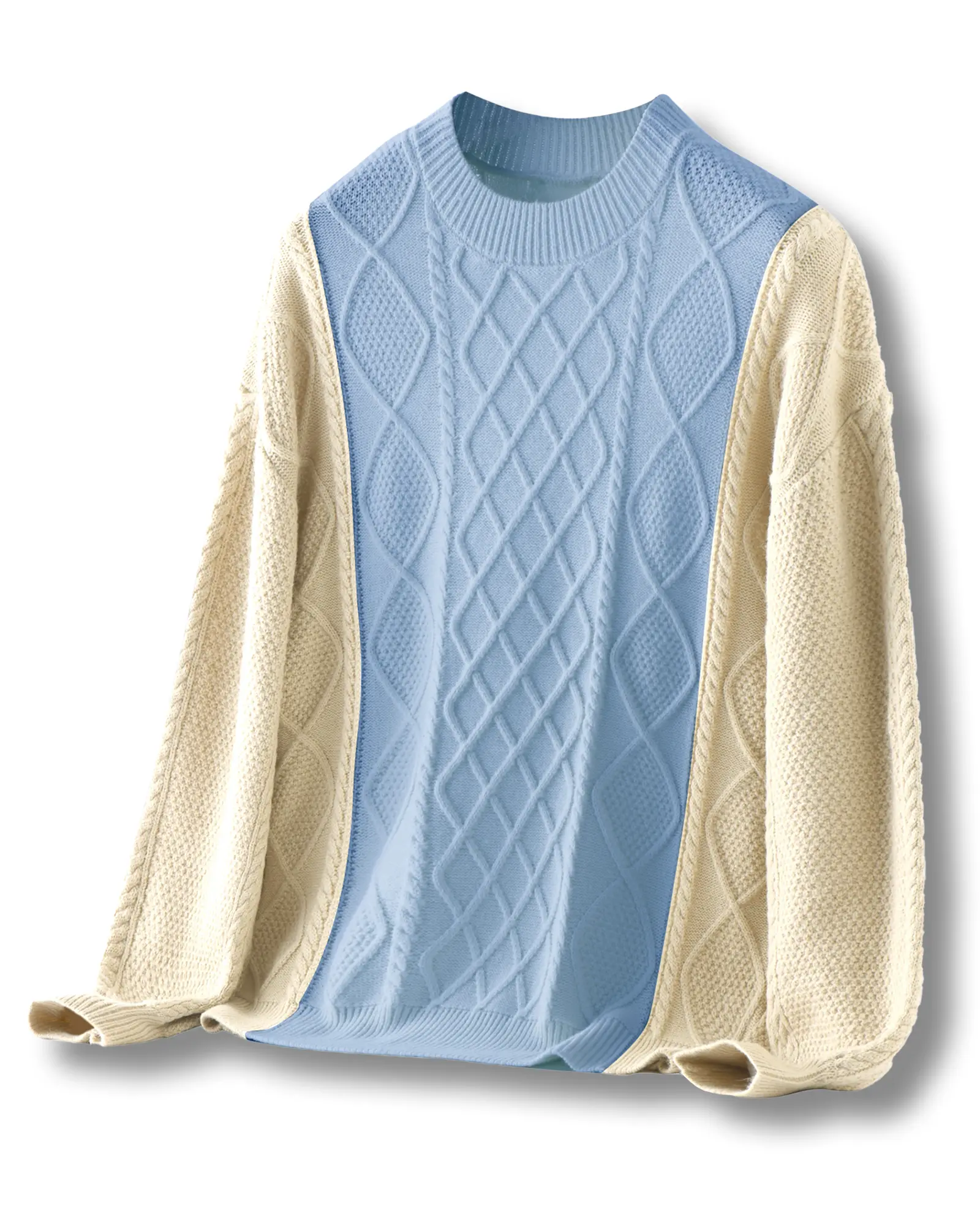Sweater for Women, Plus Size Baggy Colorblock Pullover, Warmer Longsleeve Cable Knit in Alpaca-Style Nylon Yarn, Oversized, Knitting