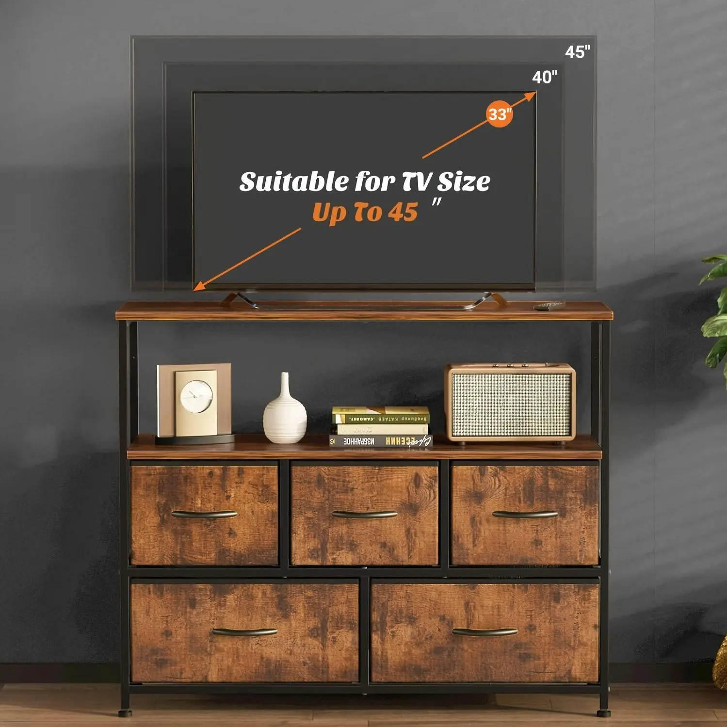 5-Drawer Cabinet Tower, Father'S Day Gift, TV Stand for Bedroom, TV Dresser for 45 Inches, Media Console Table, Entertainment Center with 5 Fabric Drawers Cabinet And Open Storage Shelf Other (Furniture) Cabinet for Living Room, Hallway