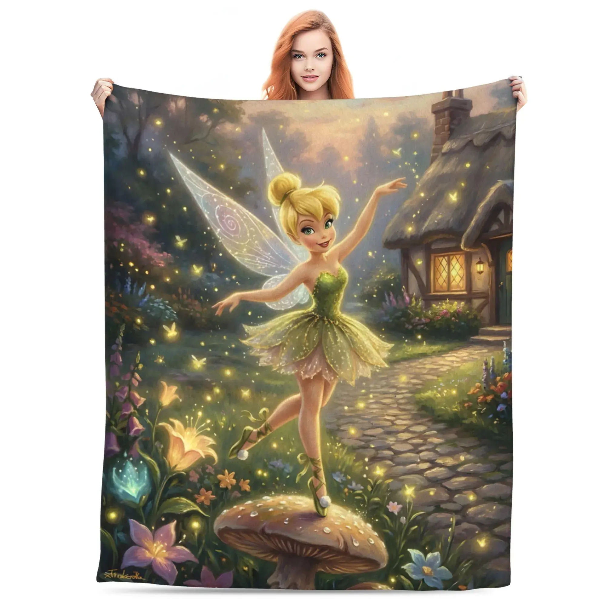 Classic Tinker Bell Plush Fleece Throw Blanket - Fairy Tale Garden Scene with Fairy Magic, Soft Warm Cozy Snuggle Blanket for Kids, Ideal for Home Room Decor House Decor, Perfect Birthday Gift, Enchanted Throws