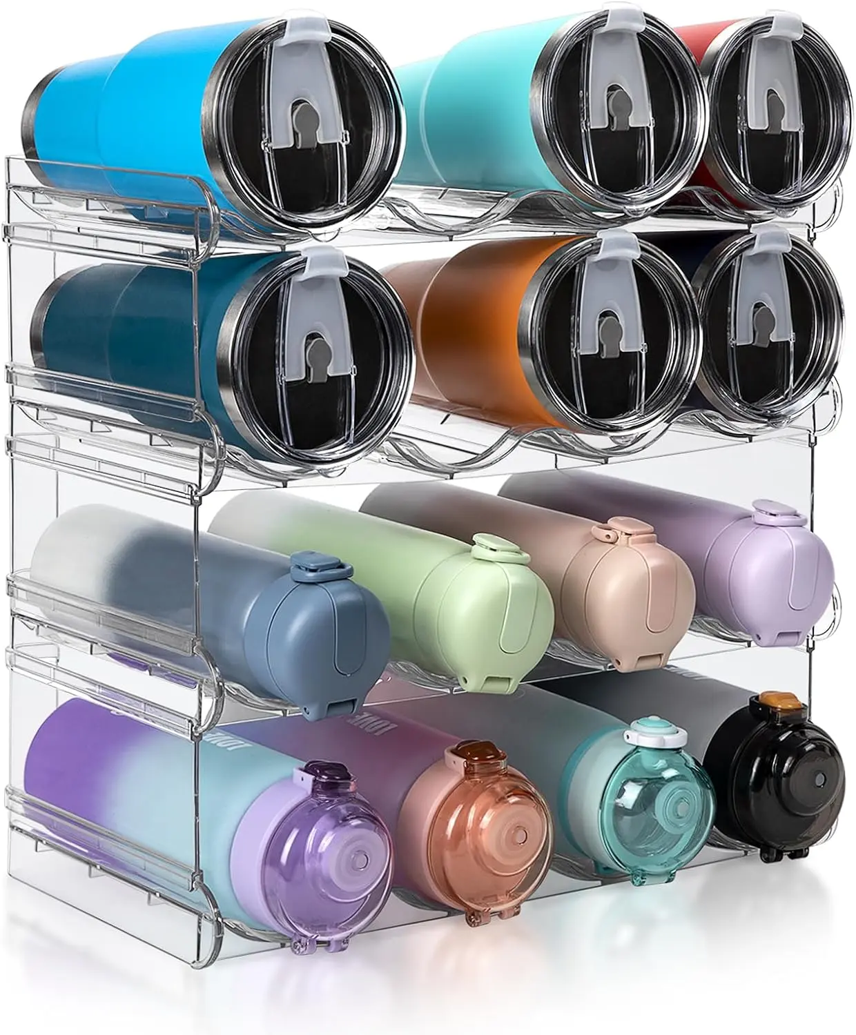 Spospo Stackable Water Bottle Organizer, Large Compartment Water Bottle Holder, 4 Tier Clear Water Bottle Organizer for Cabinet, Bottle Rack for Kitchen Organization and Storage - Hold 16 Bottles spospo