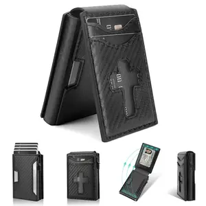 Cross-shaped design Men's Carbon Fiber Pop-up Wallet with Tracker,RFID Blocking Minimalist Wallet,Large Capacity ID Window,Cash Slot Magnetic Closure