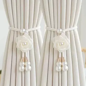 2pcs Elegant Artificial Pearl Flower Curtain Tiebacks, Adjustable Tea Tree Flower Curtain Straps, Home Decor Accessories, Window Decorations Supplies for Warm Atmosphere