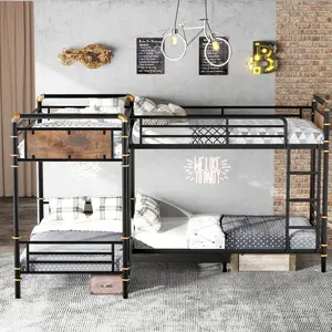 Quad Bunk Bed for 4 Kids, Heavy Duty Metal Twin Bunk Bed Frame, Detachable Triple Bunk Bed, Can Be Divided Into 3 Twin Beds, Black