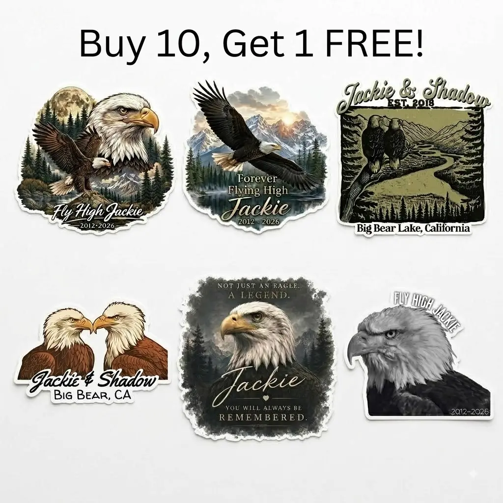 (Buy 10, Get 1 FREE!) Jackie The Bald Eagle R.I.P Sticker, Fly High Jackie, Big Bear Bald Eagles, Viral Nest Cam Eagles, Eagle Lover California Wildlife Sticker 2026, TikTok Shop