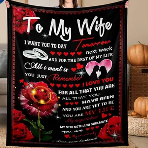 Flannel Throw Blanket with Romantic To My Wife Love Letter Design, 280GSM Ultra Soft Cozy Warm Comfortable Lightweight Portable for Bedroom Couch, Heartfelt Gift for Wife from Husband on Anniversary Valentine's Day cosy garage guy Cartoon Themed Small