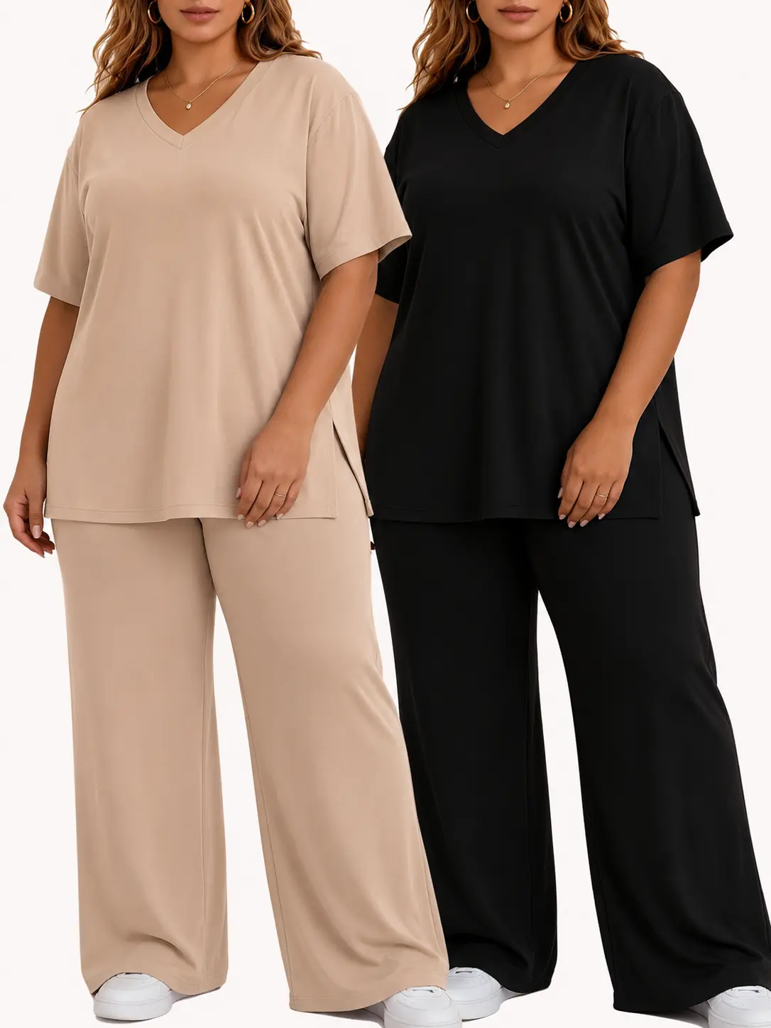 Women's Plus Size Lounge Set, 2-Piece Solid Minimalist Pajama Nightwear, Soft Stretch V-Neck Tunic and Wide Leg Pants with Pockets, Style, Matching, Basic, Shortsleeve