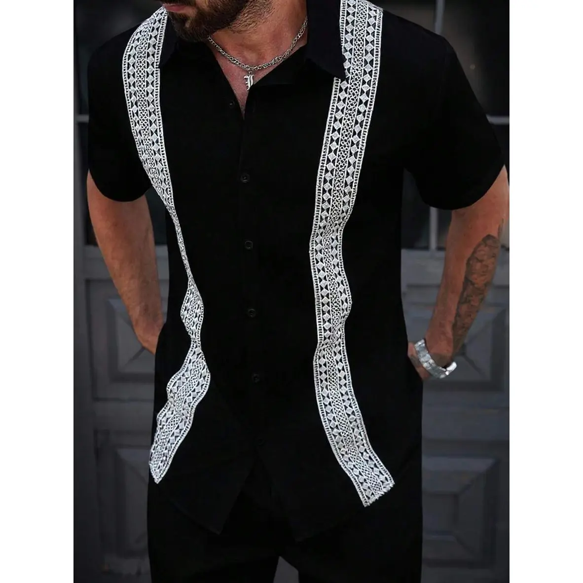 Men's Fashion Business Jacquard Single-Breasted Short Sleeve Shirt Contrast Color Lace Trim, Summer