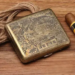 Retro British Style Oriental Ancient city Brass Cigarette Box flip Gift Box, Pair Opening Pressure-resistant Moisture-proof Steel Stainles Lighter Flipping