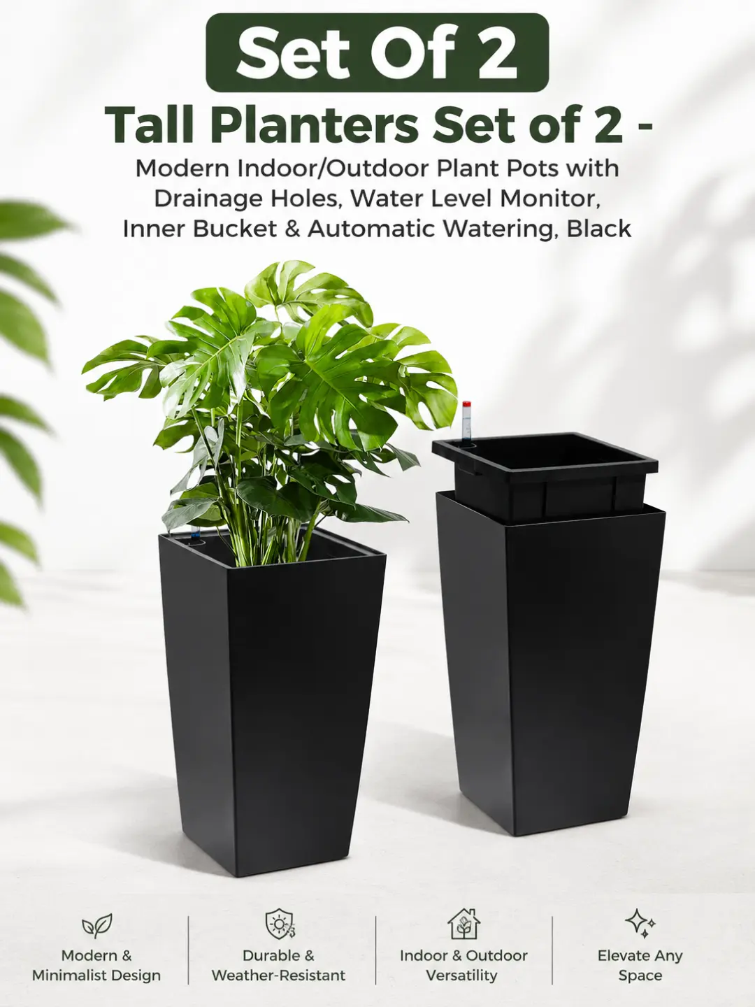 Plastic 2-Pack 16-Inch Tall Rectangular Modern Planters with Inner Basket, Built-In Drainage Support, Dual-Use Indoor-Outdoor Home Office Garden Flower Pots