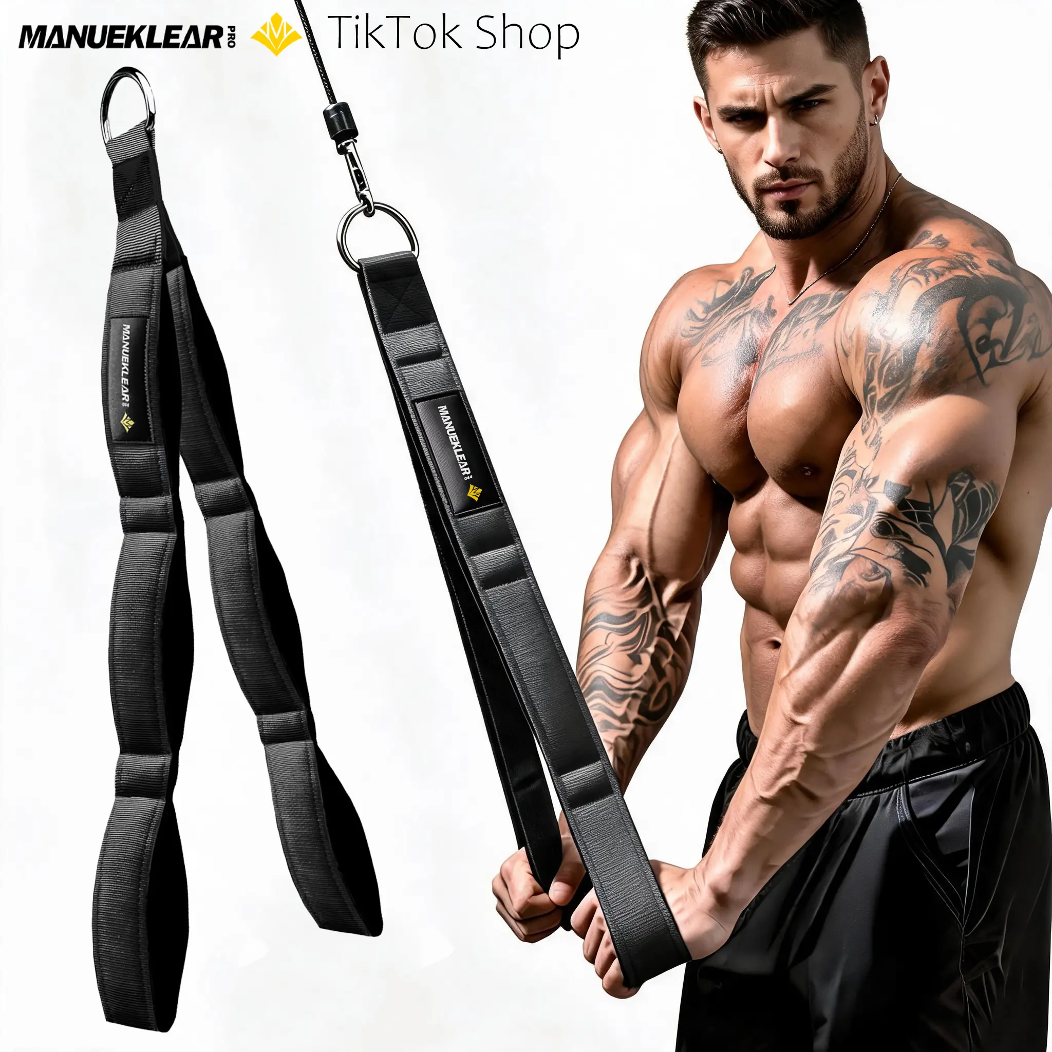 M MANUEKLEAR Tricep Rope Cable Attachment, Extra-Long Dual-Handle Design with Neoprene Grips for Gym Workouts and Greater Range of Motion, Double Handles, Adjustable, Sporty Exercise Machine Attachments, Cushioned, Triceps Focus, Dual Handles
