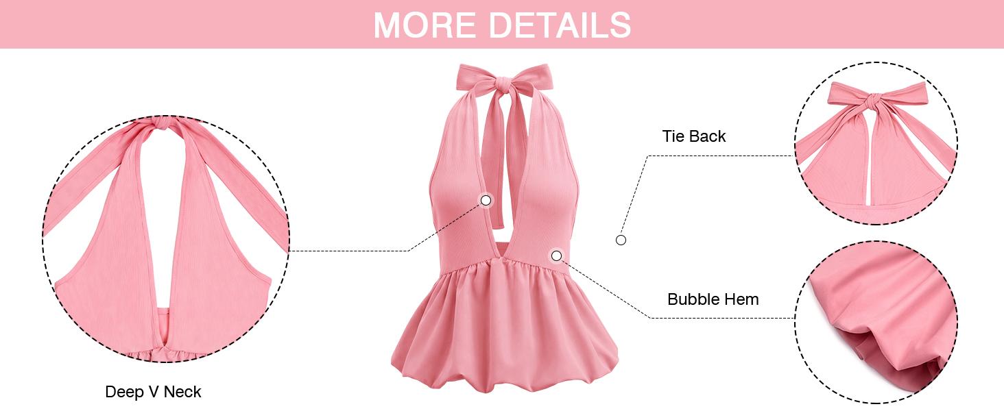 TANKANEO Women's Deep V Neck Halter Tank Top - Lady's Women's Clothes, Sleeveless Tie Back Bubble Hem Chic Going Out Girly Tops, Summer Trendy Casual Y2K Streetwear Blouse