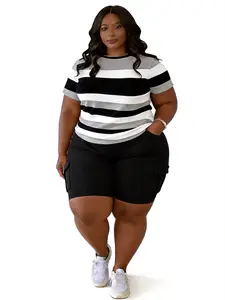 Plus Size Casual Shorts Set with Crew Neck Top & SolidColor Pocket Shorts -Women's Spring & Summer Outfits- Love