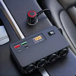 8-in-1 Car Fast Charging Adapter with 4 AC Outlets (DC 12V/24V) 2 USB-C & 2 USB Ports 75cm Cable Smart Plug Distributor for Multiple Devices Independent Switch & LED Voltage Display Car Fast Charger