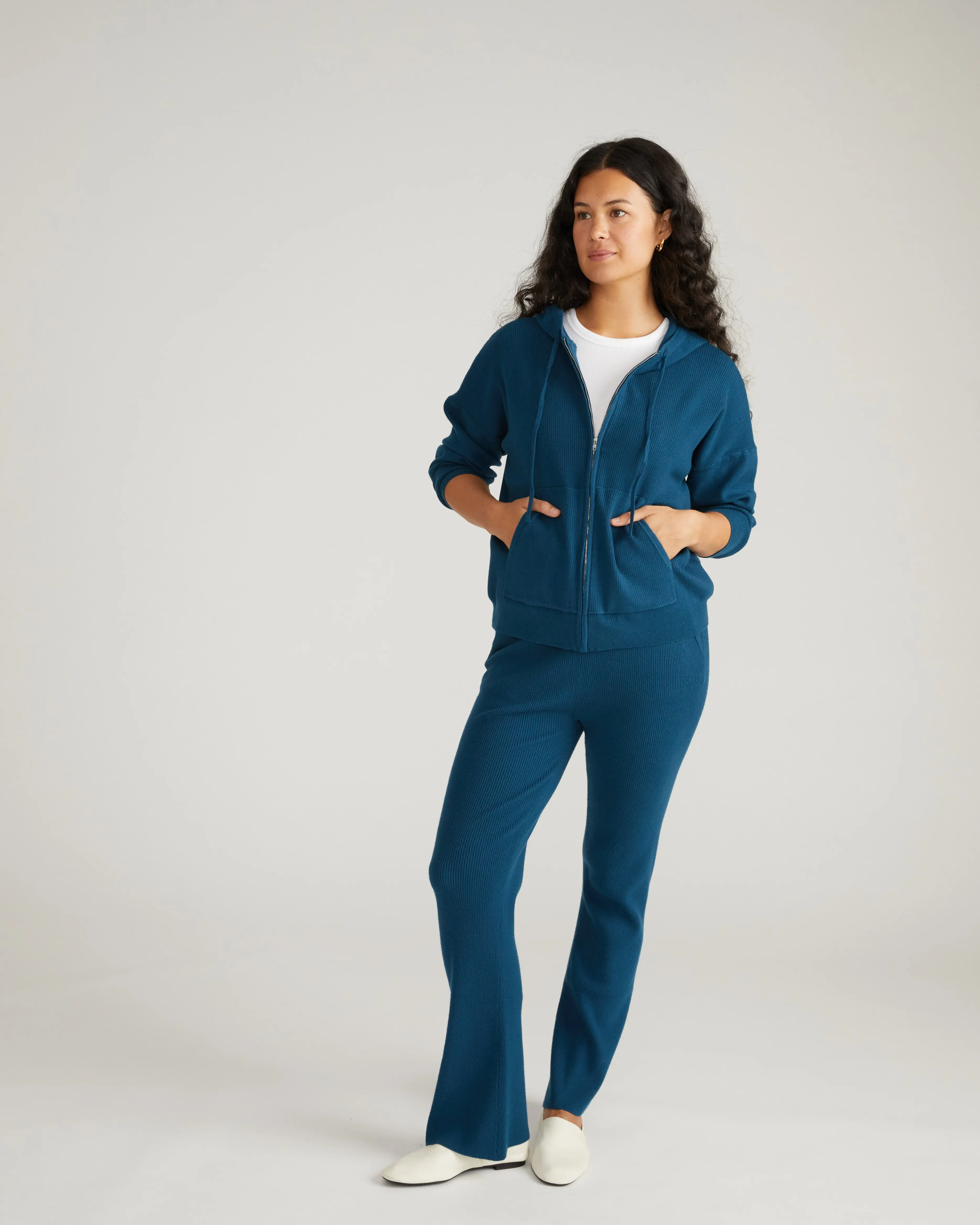 Women's Mila Knitted Flared Pants in Deep Teal - High Rise, Relaxed Fit Loungewear with Drawstring Waist and Pockets, Casual, Loose-Fitting, Matching, Bottom