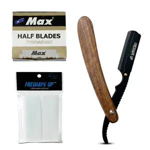 Professional Straight Wooden Handle Razor for Men – Barber Straight Razor Safety Kit with 100 Single Edge Blades (4.4 cm) & 10 Hairline Wipes for Precise Shaving