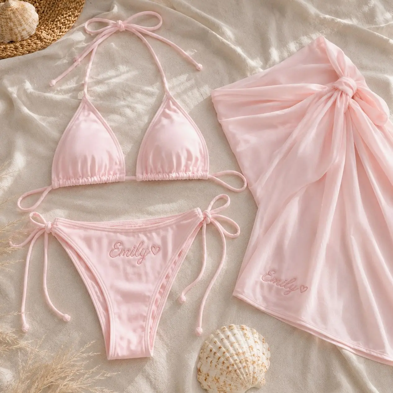 Personalized Embroidered Bride Bikini Set with Matching Sarong, Custom Name Bridal Swimwear for Honeymoon & Bachelorette Party