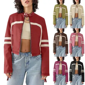 FMEYOA Women’s Faux Leather Jackets Zip Up Stand Collar Cropped Motocross PU Coats M5A409