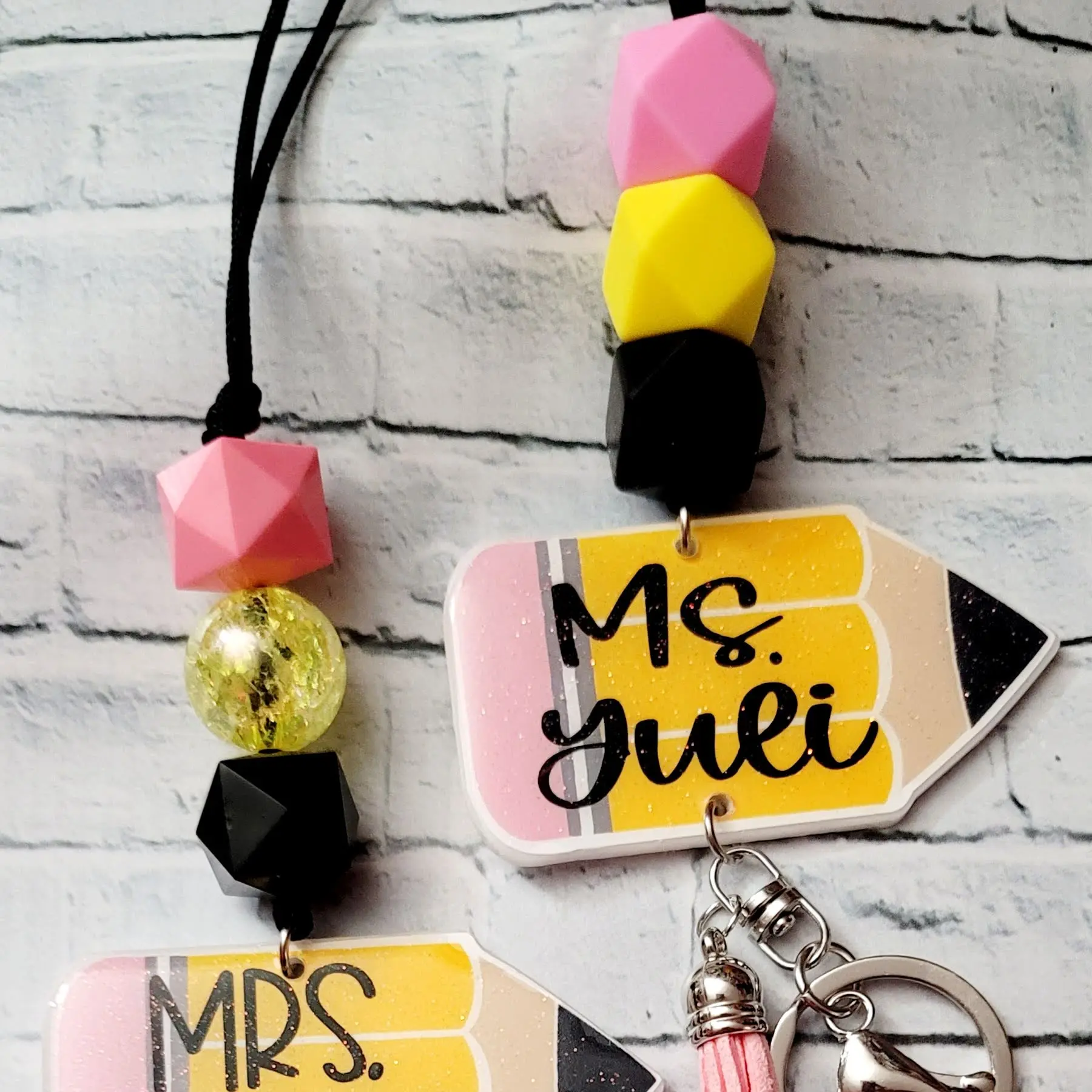 Personalized Teacher Lanyard - Glitter Pencil Lanyard, Beaded ID Holder, Tassel Keychain, 3-inch Acrylic Badge Charm, 1-inch Key Ring
