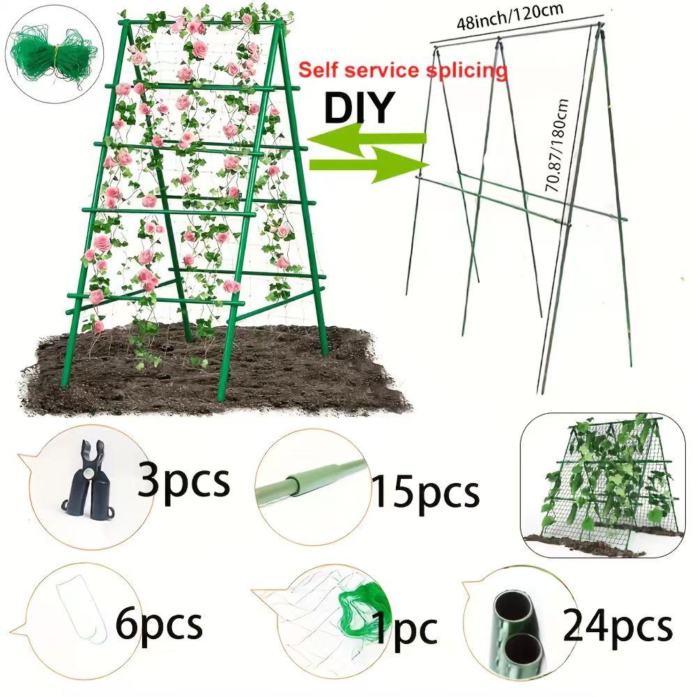 DIY Splicing Cucumber Trellis, Adjustable A Frame Garden Trellis for Climbing Plants, Metal Plant Support with Trellis Netting for Raised Bed Vegetables, Beans, Peas & Outdoor Gardening